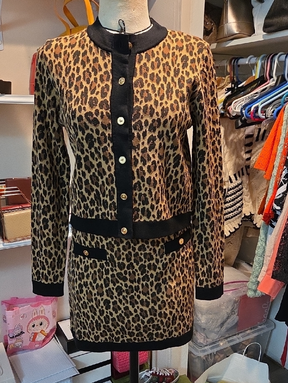 Versace Leopard Print Two-Piece Knit Skirt Set with Gold Medusa Buttons